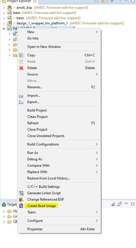 Dropdown menu from First Stage Bootloader (FSBL) project