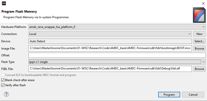 Program Flash Memory popup window settings